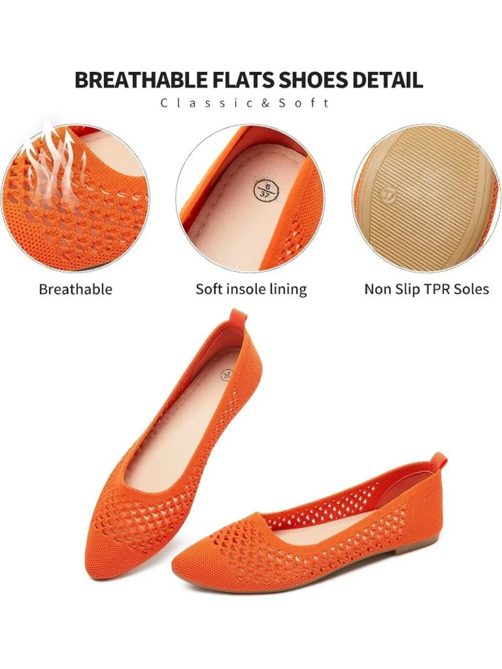 Women's Orange Comfortable Knit Pointed Toe Slip On Business Casual Ballet Flats